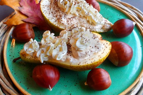 Birnenhälften mit Maronencreme & Kaffee