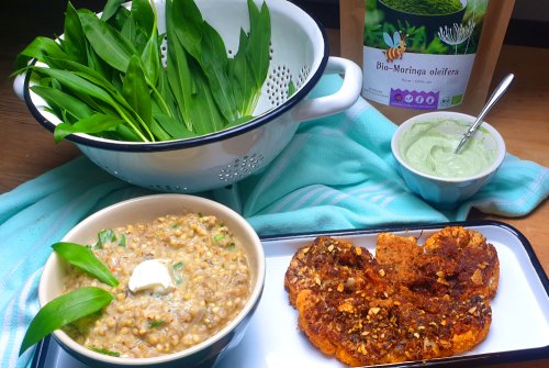 Cauliflower cutlet with moringa - fresh goat cheese dip