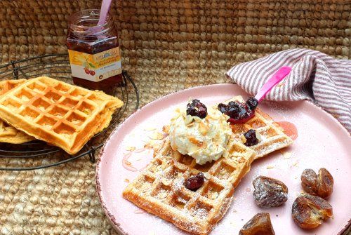 Date waffles with cherry honey & almond cream