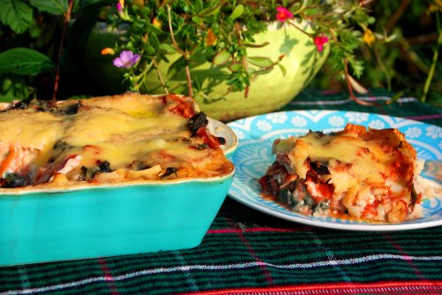 Swiss chard zucchini lasagna with pumpkin seed protein and rosemary