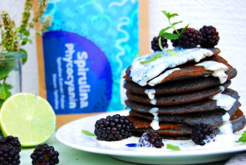 Impostor Pancakes with blue spirulina, coconut yogurt, berries & mint