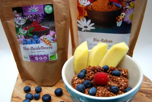 Chocolate oat porridge with blueberry powder & cocoa