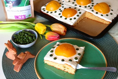 Fried egg cake with spirulina or chlorella