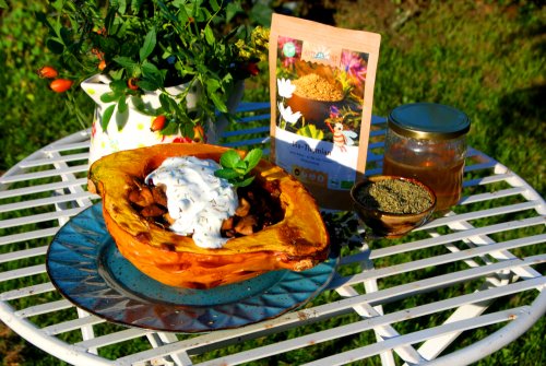 Baked sweet potatoes & pumpkin halves with mushroom filling