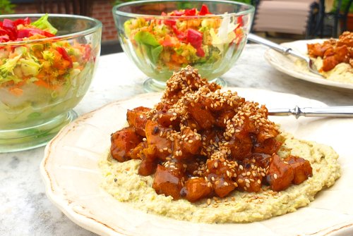 Sweet potato on artichoke and hemp protein hummus