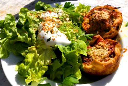 Wild herbs meadow tartlet savory with fresh salad