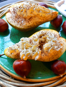 Pear halves with chestnut cream & coffee