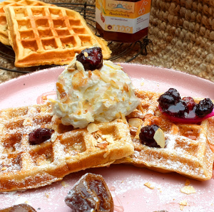 Date waffles with cherry honey & almond cream