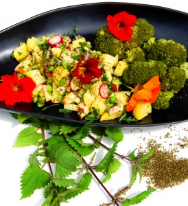 Summer potato salad with nasturtium flowers & nettle seeds from our garden