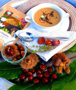 Chestnut soup with mushrooms & thyme