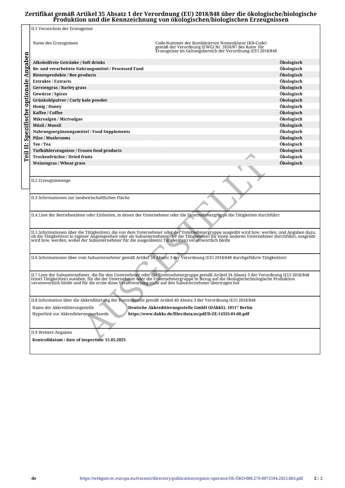 Organic certificate Aspermühle 2
