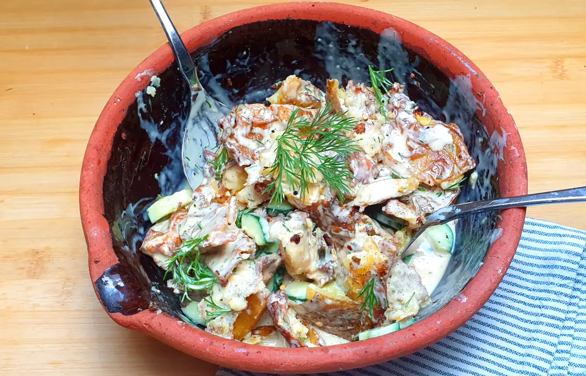 Crispy potato salad in a bowl
