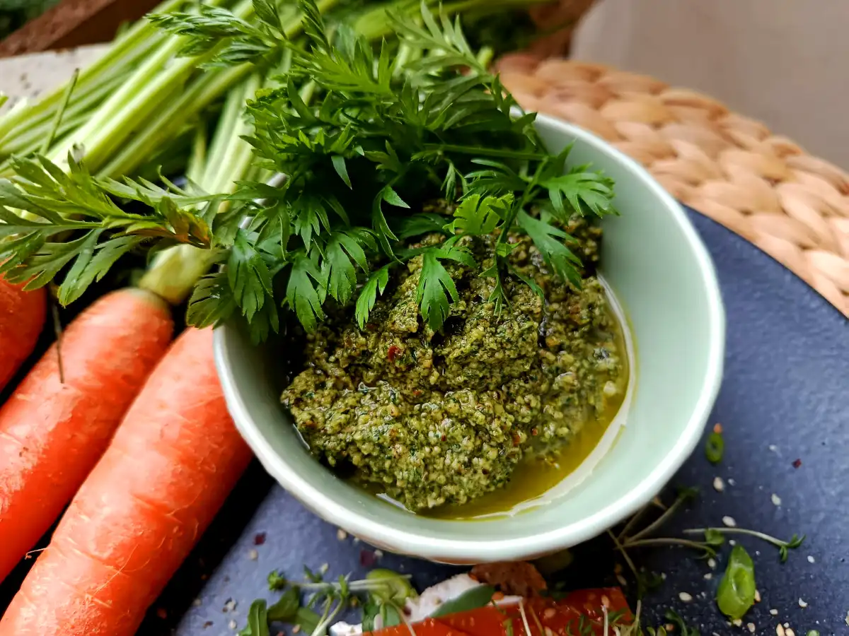 Carrot green pesto for carrot salmon