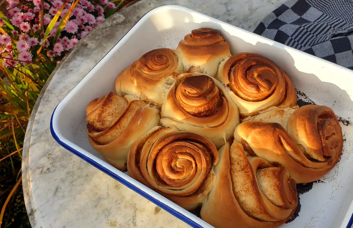 Kaneelbroodjes in een ovenschaal